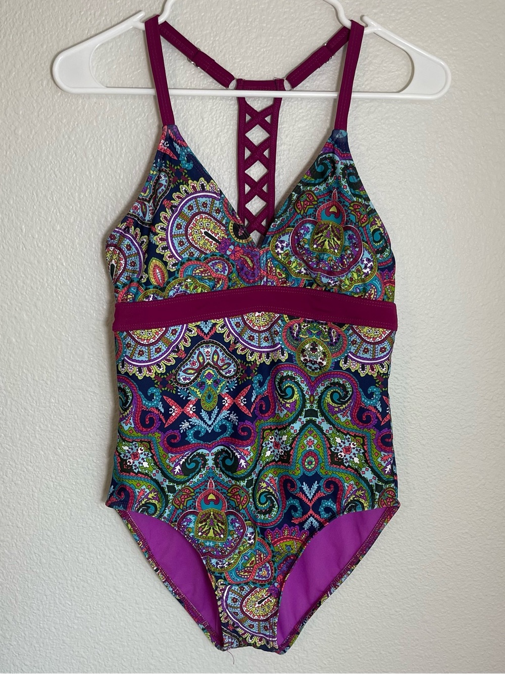 Title Nine Size S Purple Paisley One-Piece Swimsuit with Lattice Back 108
